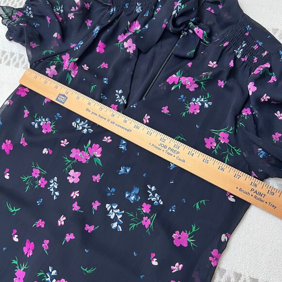 DKNY Navy Blue Floral Chiffon Bow Neckline Knee Length Shift Dress Women's 10 - Picture 5 of 9